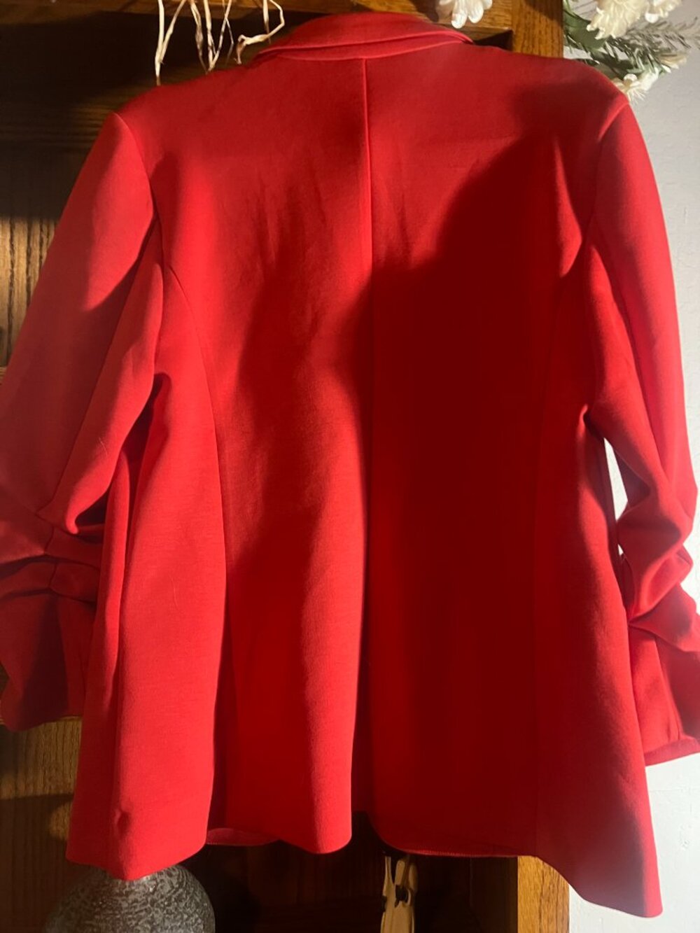 SCOOP Red Ruched Sleeve Blazer Size M | Stretch Open Front Jacket - Picture 4 of 4